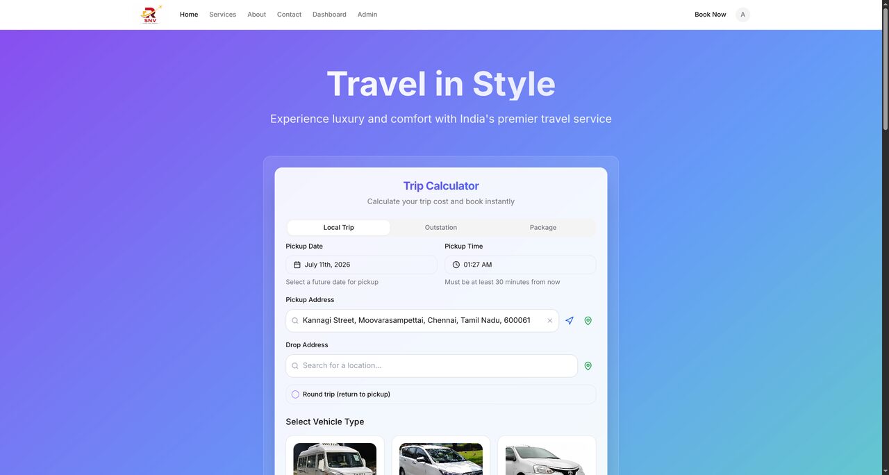 SNV Tours & Travels booking platform homepage with trip calculator