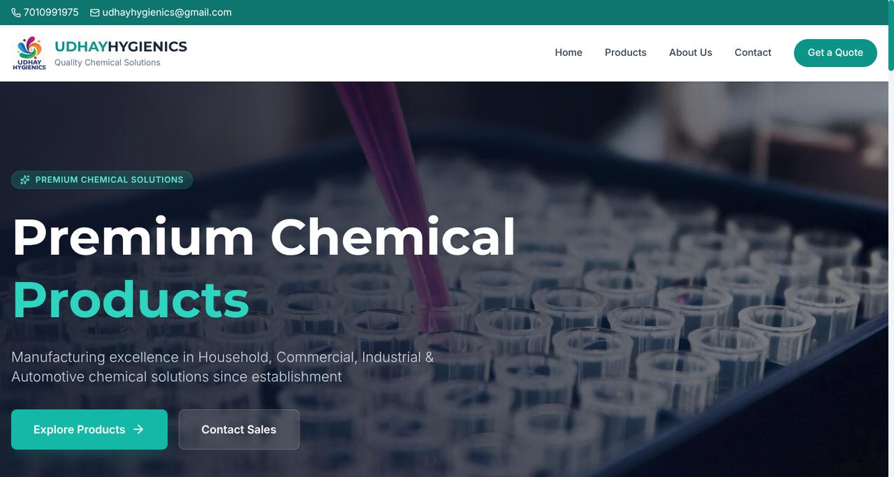 Udhay Hygienics website homepage showing premium chemical products